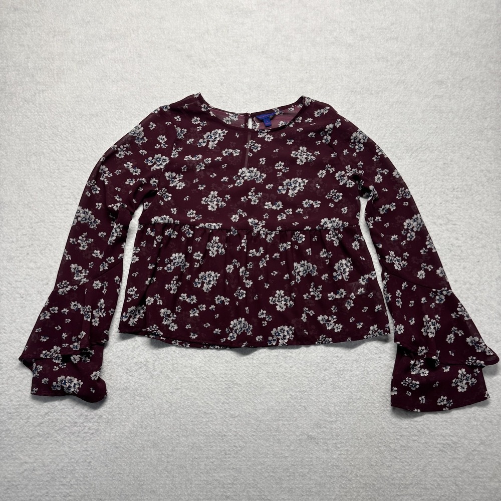 Aeropostale Floral Blouse Bell Sleeves Maroon Women's Size Small
